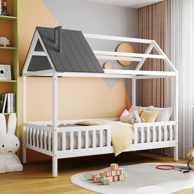 Lit en bois avec clôture Wood House, Blanc / gris