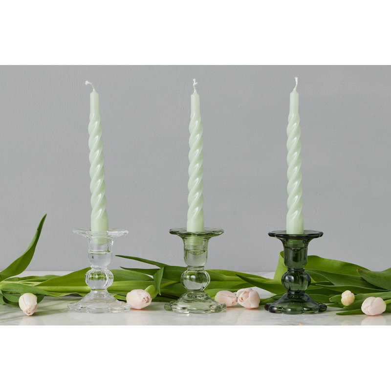 Glass Scalloped Candlesticks, Clear/Sage/Spruce