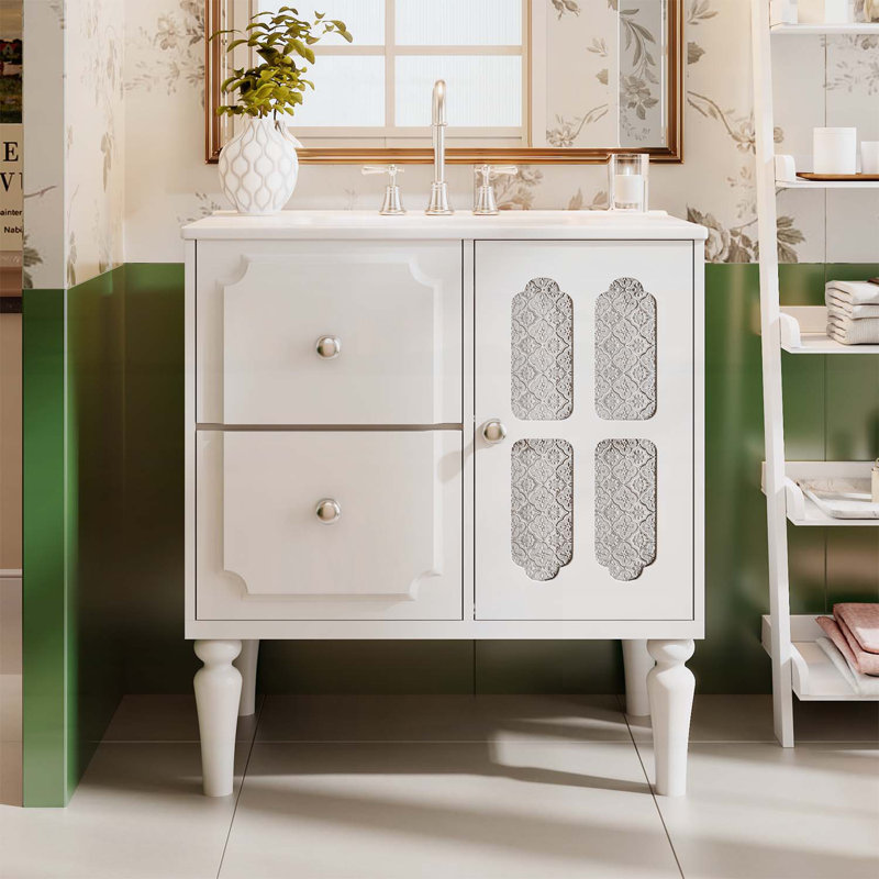 Ensemble de meuble-lavabo simple autoportant avec évier en céramique et 2 tiroirs