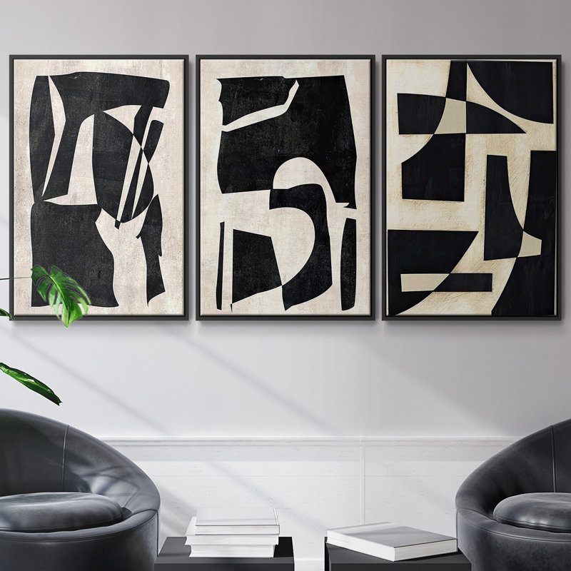 Lune découpée I, ensemble de 3 toiles encadrées, H 27 po x l 54 po, Noir
