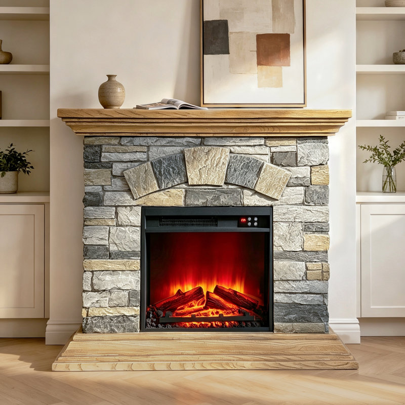 Iseminger 40" Freestanding Electric Fireplace, Faux‑Stone & Wood Mantel-Light Tan , Light Tan