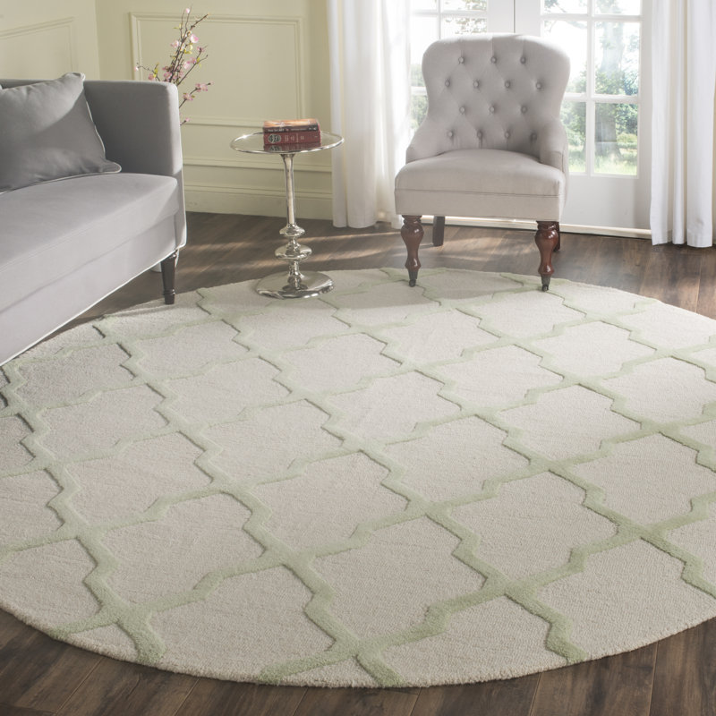 Cannen Hand Tufted Wool Geometric Rug, Round 6', Ivory/Light Green