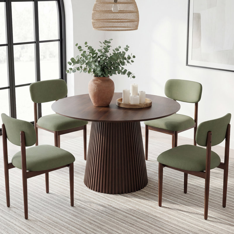 Chynthia 4 -Person Round Dining Table Sets With Upholstered Side Chair, Walnut, Green