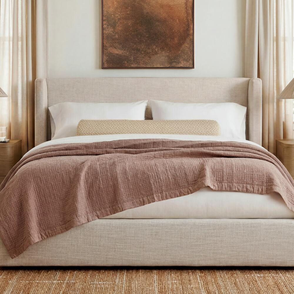 Mele Linen Upholstered Wingback Bed, King, Ivory Boucle