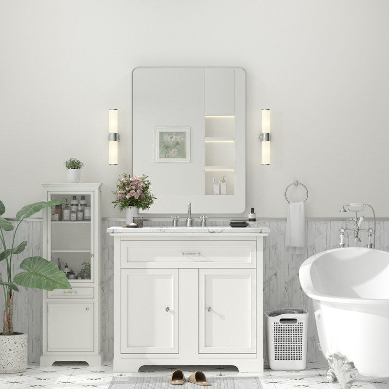 Molly Tempered Glass and Metal Framed French Cleat Mounted Wall Bathroom / Vanity Mirror, 36" x 28", Silver