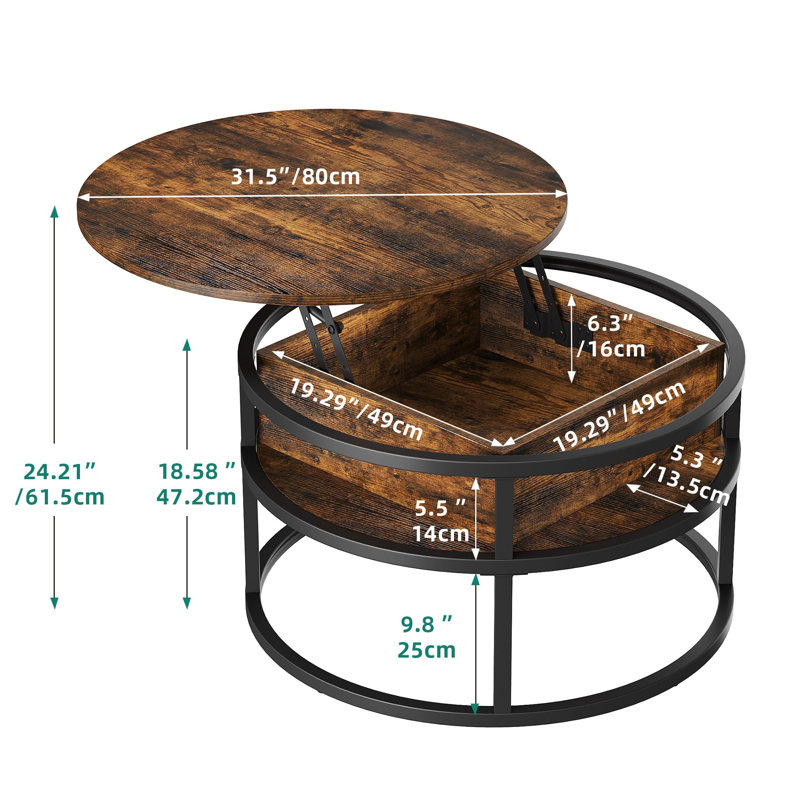 Table basse circulaire avec plateau relevable circulaire et rangement, Brun rustique, Noir, noir, noir, noir