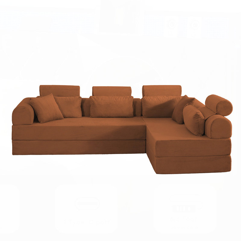 Canapé modulaire en L en forme de L, canapé en velours côtelé compressé au design compact, Orange