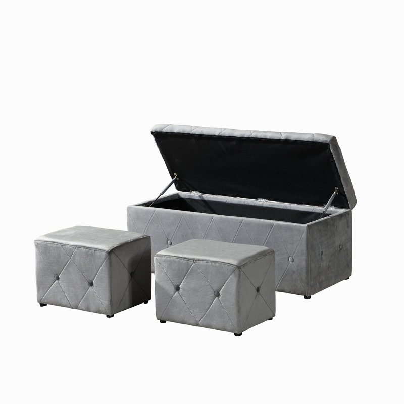 1 Piece Rectangular Storage Ottoman Short Velvet With 2 Set Ottomans (Light Gray), Light Gray, Velvet