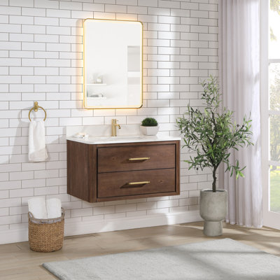 Ensemble de meuble-lavabo mural simple 36 po avec plateau en quartz Calacatta et miroir Cristo