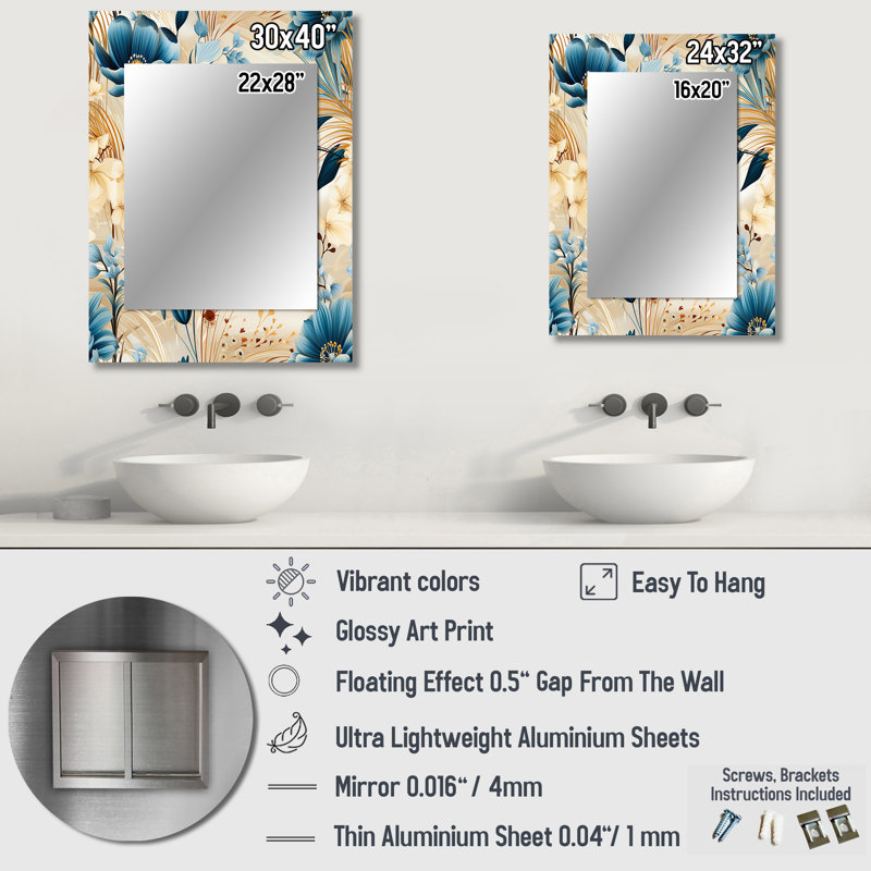 Beige et bleu Escape Flowers - miroir mural floral, miroir décoratif floral, impression d'art en métal, 32 po x 24 po