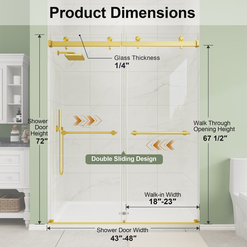 43"-48" W x 72" H Double Sliding Frameless Shower Door in Brush Gold with 1/4" (6mm) Clear Tempered Glass, Brushed Gold