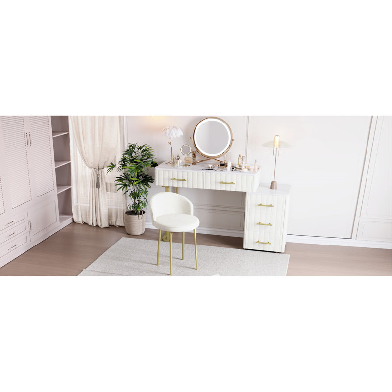 Velvet Upholstered Dressing Desk, 5 Drawers, Chair, Beige Color, Marble - Look Tabletop, Gold Metal Accents, Left/Right Drawer Adjustment, Adjustable Storage Configuration, Chair Vanity In Beige,