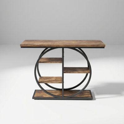 Industrial Narrow Console Table with Multiple Storage Shelves and Stable Round Base, Multi-Functional Accent Furniture
