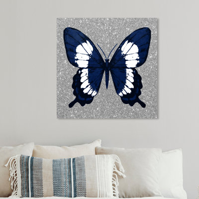 Animals Butterfly in Glitter Navy Silver Insects  Painting Print