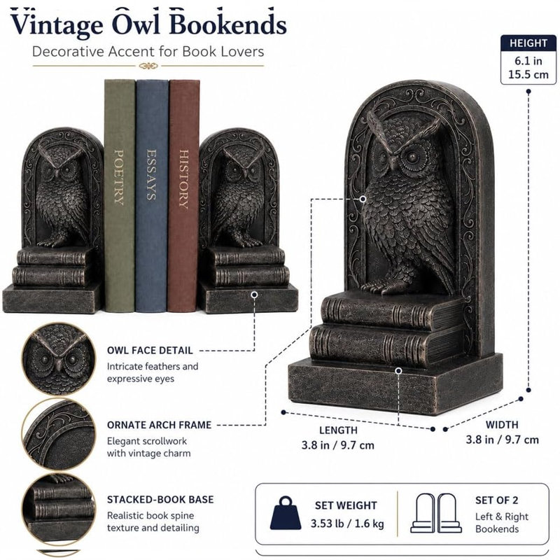 Serre-livres pour hibou doré en résine, ensemble de 2