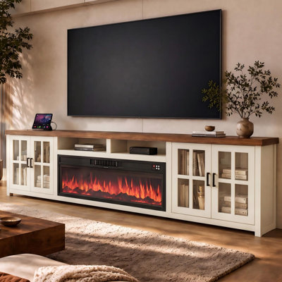 Meuble télé avec foyer en bois massif 98 po Lurdes, centre de divertissement foyer électrique WI-Fi de 40 po, console média moderne avec portes en verre trempé pour le salon