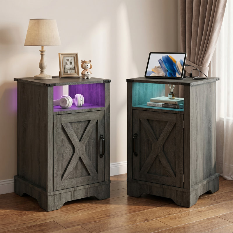 Led Nightstand With Charging Station, Set of 2, Gray