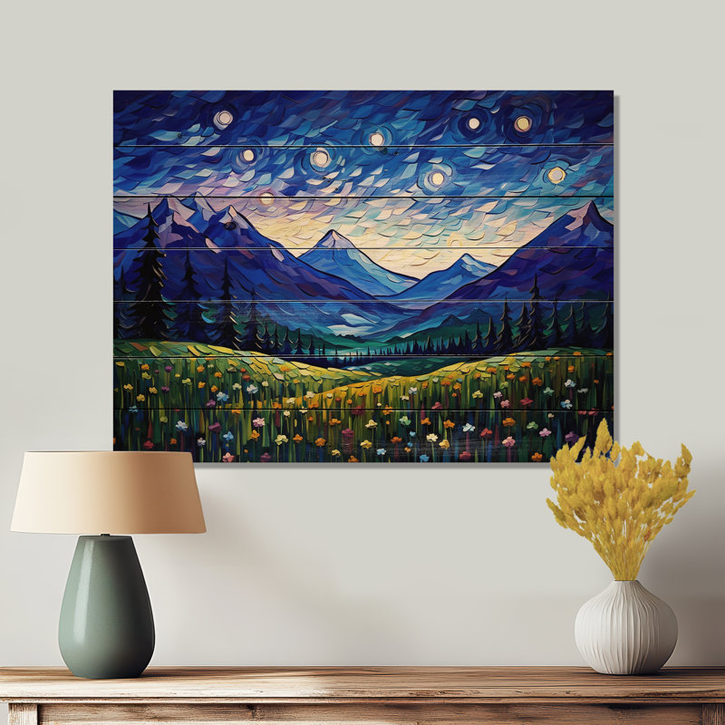 Vangogh nuit étoilée au-dessus des montagnes sur bois, H 30 po x l 40 po x P 0,78 po