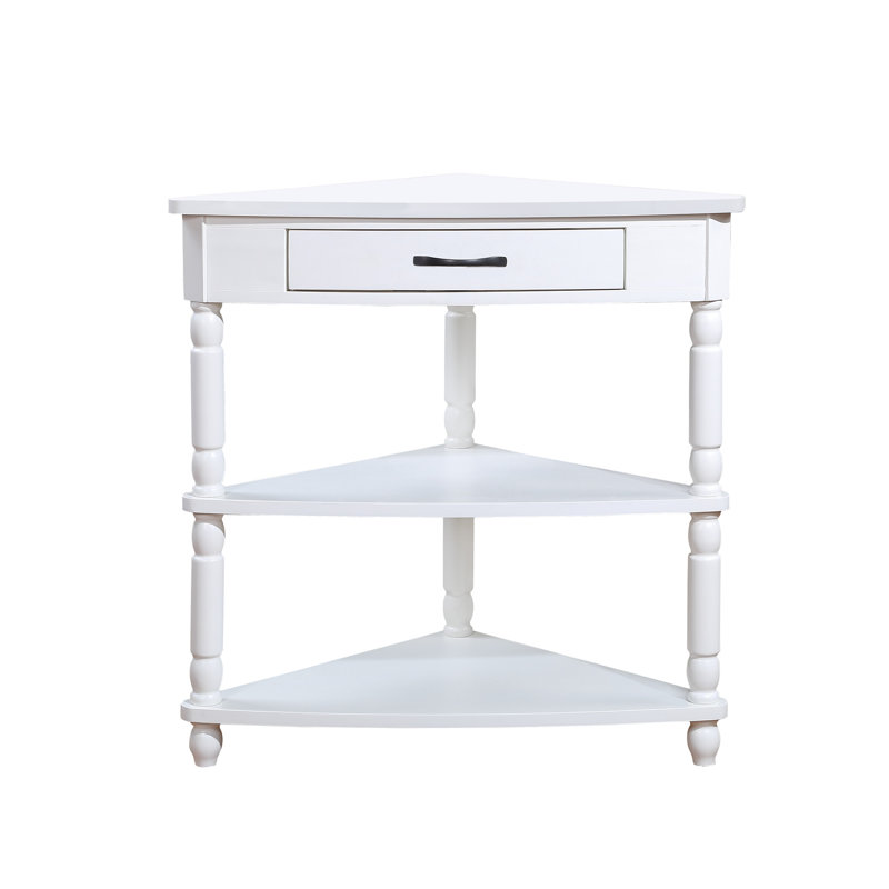 Table de coin de 86 cm (33,8 po) pour petits espaces, blanc laiteux, pieds en bois massif et style élégant. Table blanche à 3 niveaux pour espaces étroits - Idéale pour le salon, la chambre à coucher, la salle de bain, le corridor ou le balcon. Installation facile.