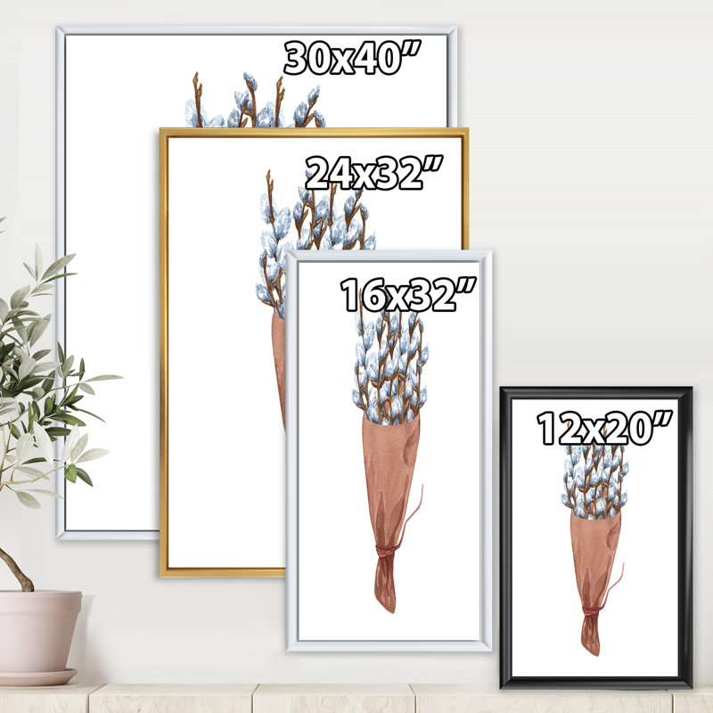 «Bunch Of Pussy Willow Twigs I», reproduction encadrée sur toile, H 32 po x l 16 po x P 1 po, Cadre blanc