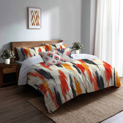 Modern Duvet Cover Set Of 5 - Ultra-Modern Red And Orange Minimal Ikat Bedding And Throw Pillow Set