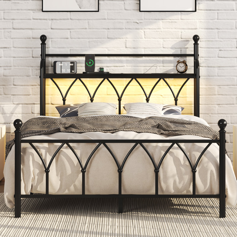 Queen Metal Platform Bed with Floral Style Headboard, Bed Frame with RGB LED Lights, Charging Station & Ample Storage Space, Easy Assembly, Black