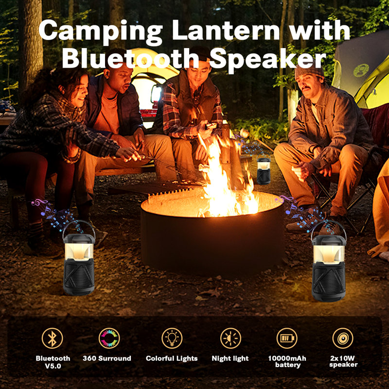 Integrated LED Outdoor Lantern: 3-in-1 Rechargeable Camping Lantern with Bluetooth Speaker, Type-C & USB Charging Ports, Collapsible Portable Lantern Flashlight for Hiking, Camping, and Emergency Use