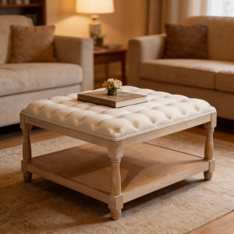 Grande table basse carrée avec repose-pieds capitonné en lin avec rangement en bois massif