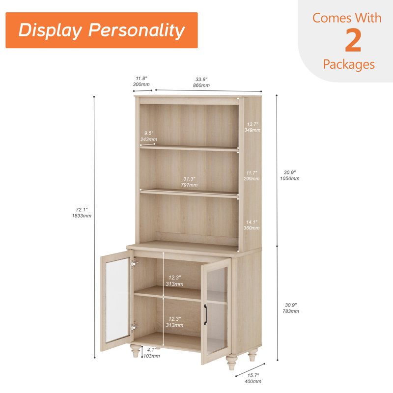 Scarlett Sideboard Cabinet With Bar Hutch, Buffet Cabinet With Glass Doors And 5 Tier Shelve, 34'', Light Beige