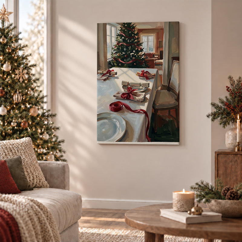 Table de salle à manger d'intérieur avec arbre et ruban rouge, art mural sur toile de Noël, 30"H x 20"W