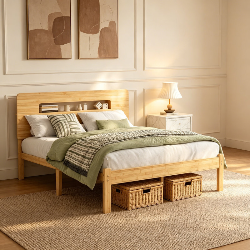 Cadre de grand lit de 14 pouces, cadre de lit plateforme avec tête de lit et base en bois massif, support de lattes de bois, aucun sommier requis, assemblage facile