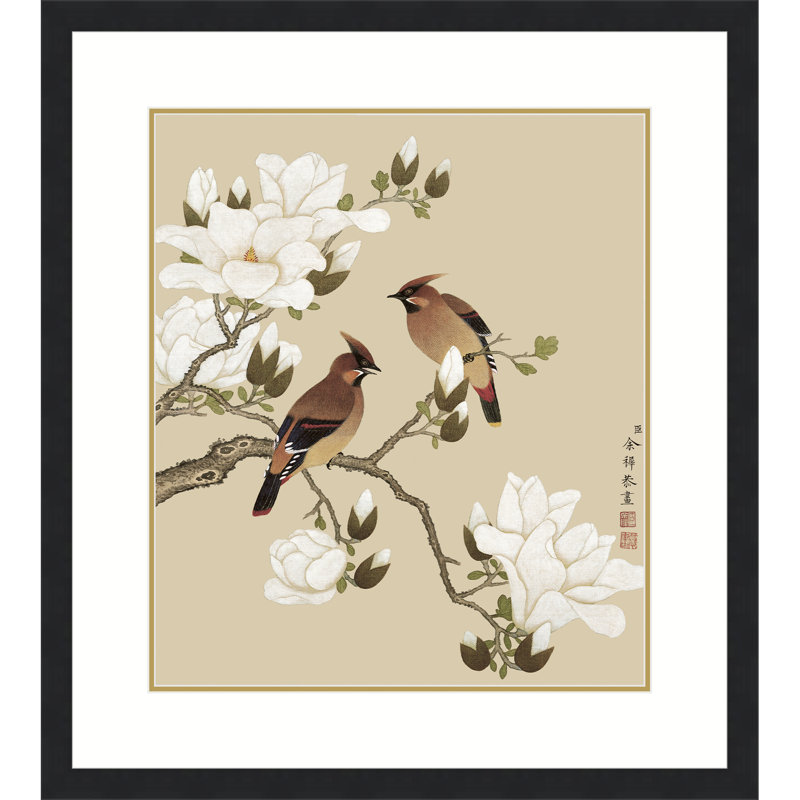 Magnolia and Rosefinches by Yu Zhi - Single Picture Frame Print, Black, 17.5" H x 13.5" W x 0.94" D