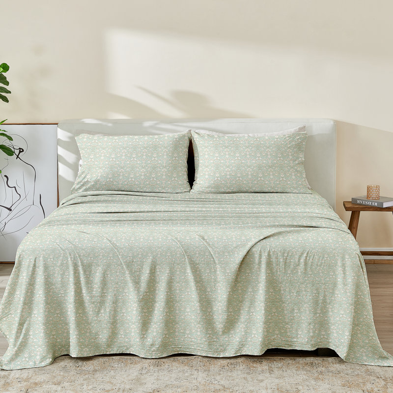 Ensemble de draps pré-lavés en microfibre - Collection Killian, Floral Swift/Green