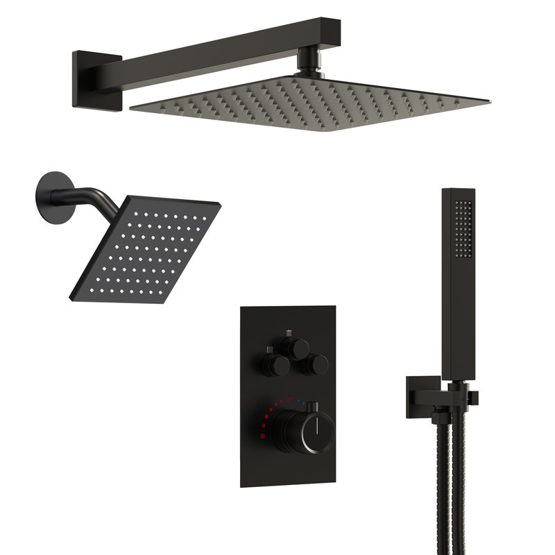 Wall Mount 12" High-Pressure Rainfall Shower Faucet, Dual Rainfall Shower Head System with Thermostatic Valve, Matte Black