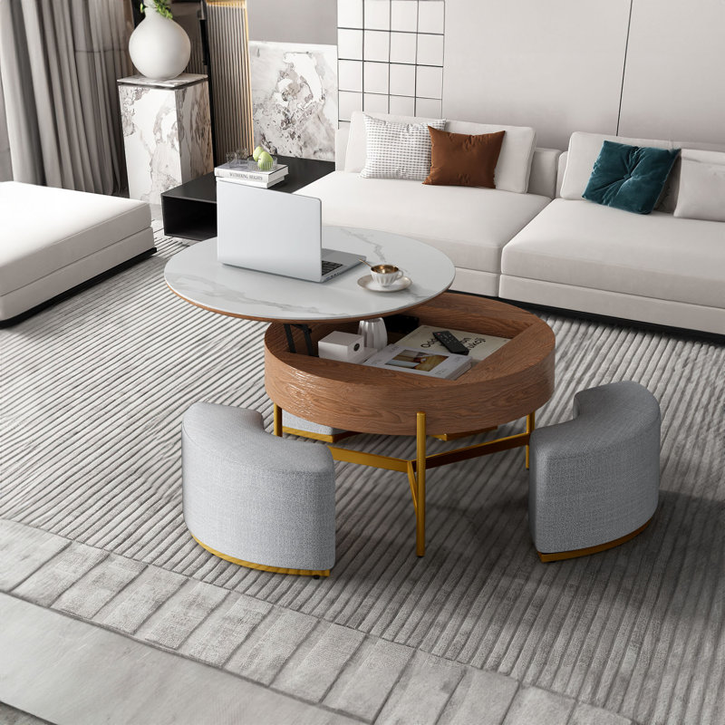 Kreitman Round Faux Marble Lift-Top Coffee Table Set With 3 Stools And Storage