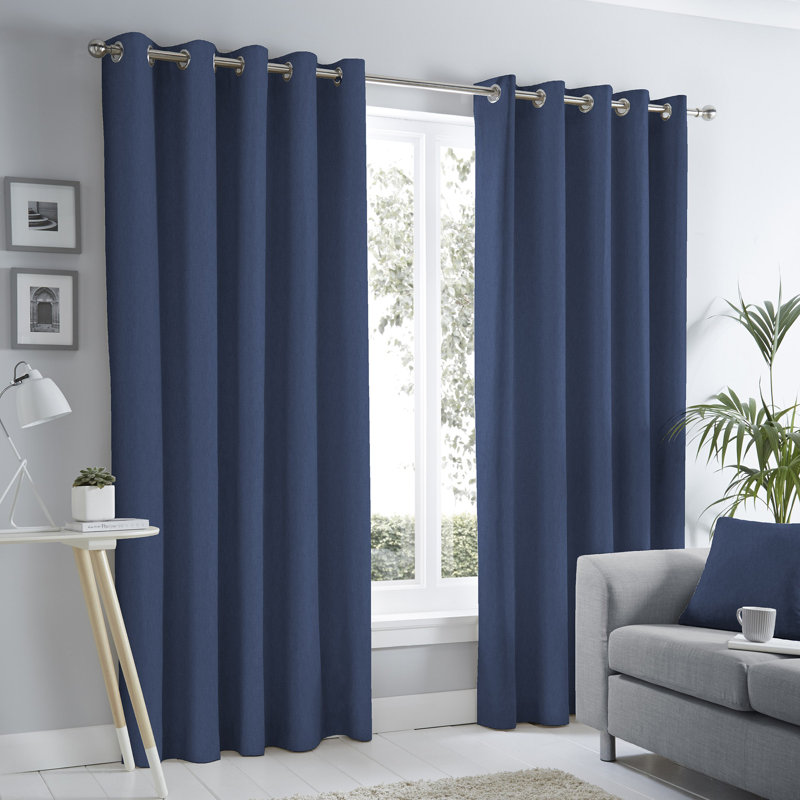 Cotton Blend Room Darkening Curtain Pair, Blue, Width 117 x Drop 183 cm