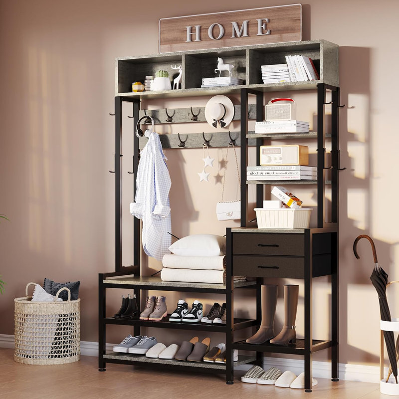 Hall Tree With Bench And Shoe Storage, 7-in-1 Entryway Bench With Coat Rack, 3 Storage Cubbies, 5 Storage Shelves, 17 Coat Hooks, 2 Fabric Drawers