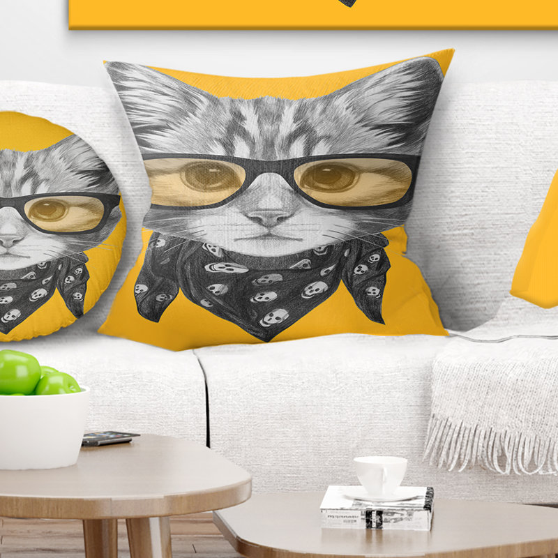 Chat amusant avec des lunettes et un foulard - Coussin imprimé animal, 16 po x 1 po, Coussin décoratif