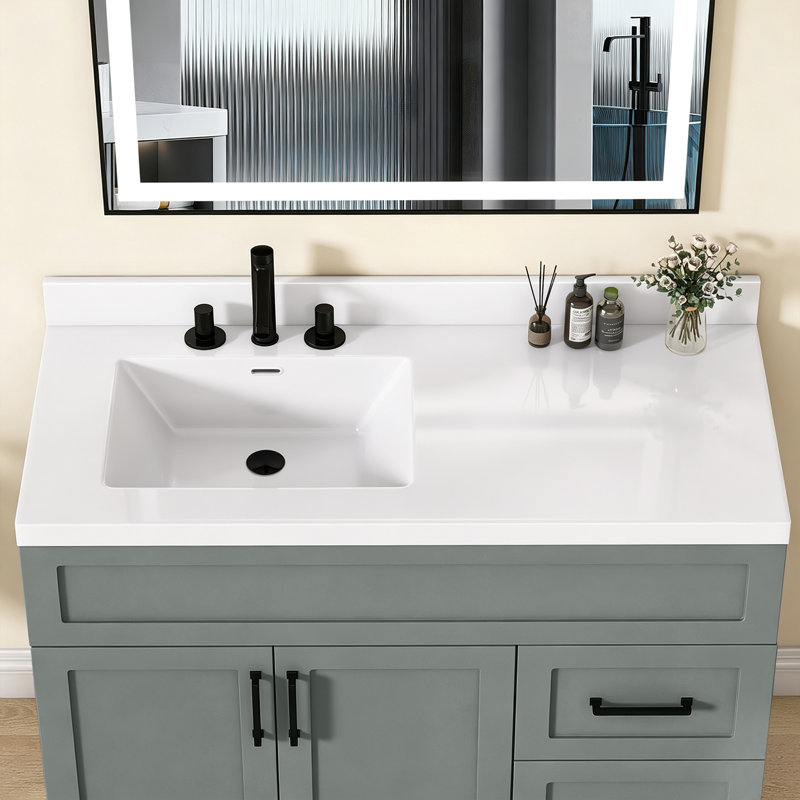 42" W × 22" D Solid Surface Vanity Top with Integrated Left side Single Sink White Bathroom Countertop with 3.5" Backsplash & 3 Pre Drilled Faucet Holes for 8" Widespread