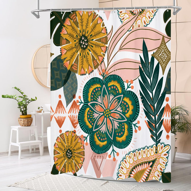 Boho Floral Fabric Shower Curtain with Colorful Tropical Leaves, 72x72