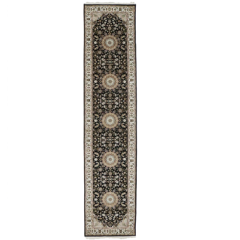 Tapis floral noir / crème / ivoire en laine noué à la main Floral, Tapis de couloir 12 pi x 2 pi 8 po