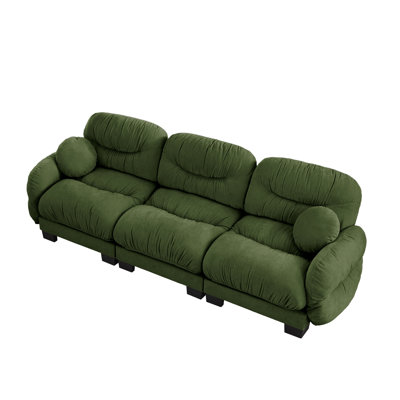 Canapé modulaire en L vert avec repose-pieds en chenille vert, canapé modulaire plissé avec accoudoirs ronds et coussins