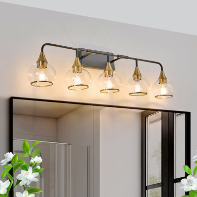 40" Length Modern Style 5-Light Configuration Vanity Wall Sconce  - In Black Finish Metal Material And Gold For Bathroom Use Light Fixture With Clear Glass Material Shades, Industrial Wall Mounted Lamp