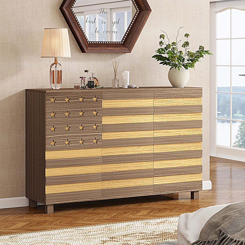 Buffet Buffet avec rangement, armoire de cuisine avec 2 tiroirs et 3 portes, console avec tablettes réglables, Brun/jaune