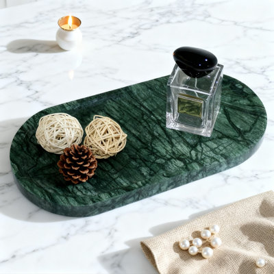 Natural Marble Bathroom Tray, Oval Countertop Organizer For Vanity, Dresser And Kitchen, 1-Pack (Dark Green)