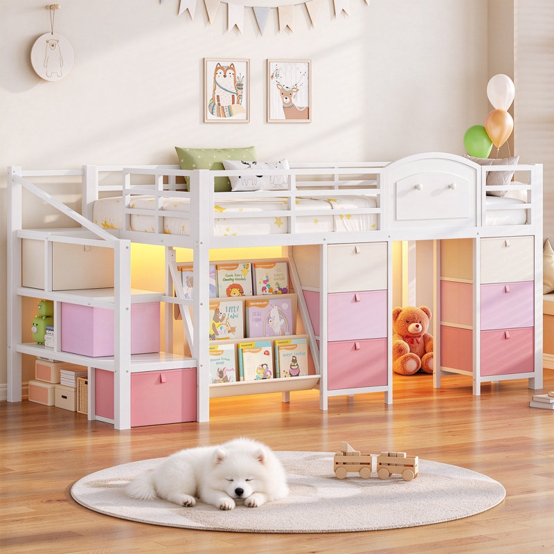 Low Loft Bed Twin Size with 9 Storage Drawers, Bookcase & LED Lights, Metal Kids Loft Bed with Stairs and Guardrail