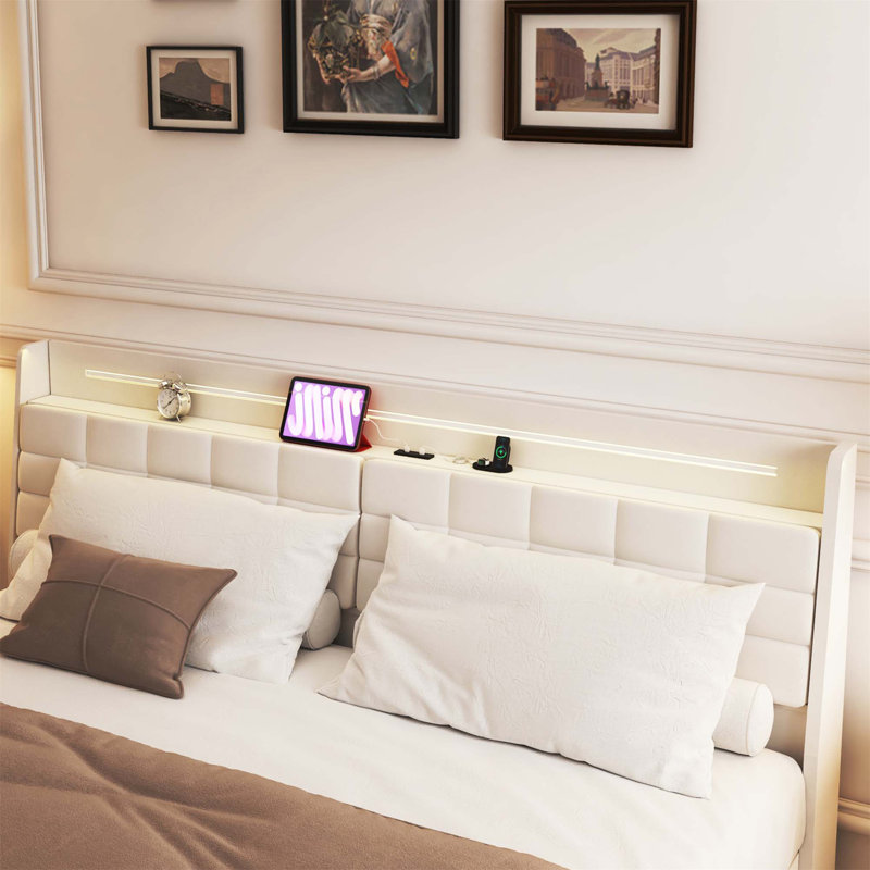Floating Bed Frame With LED Light And Charging Station Upholstered Platform Bed Frame With Headboard And Hidden Storage Space, No Box Spring Needed