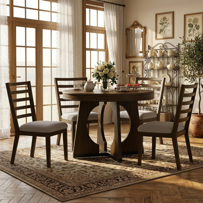 Retro Round Extendable Dining Table and Chairs Set for Four, 5-Piece Geometric Design Kitchen Dining Room Furniture with Removable Leaf