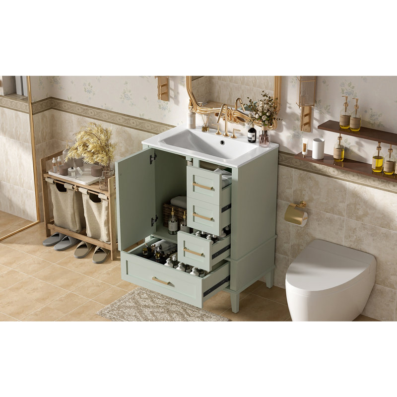 Meuble-lavabo de 24,8 po avec lavabo en céramique, armoire autoportante moderne avec porte à fermeture en douceur, tiroir profond, tiroir peu profond et tiroir large pour un rangement peu encombrant