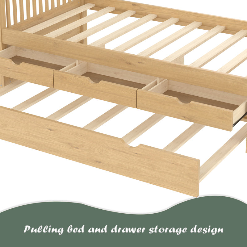 Lit plateforme simple avec tiroirs et lit gigogne, lit de jour en bois massif, sans sommier, Naturel
